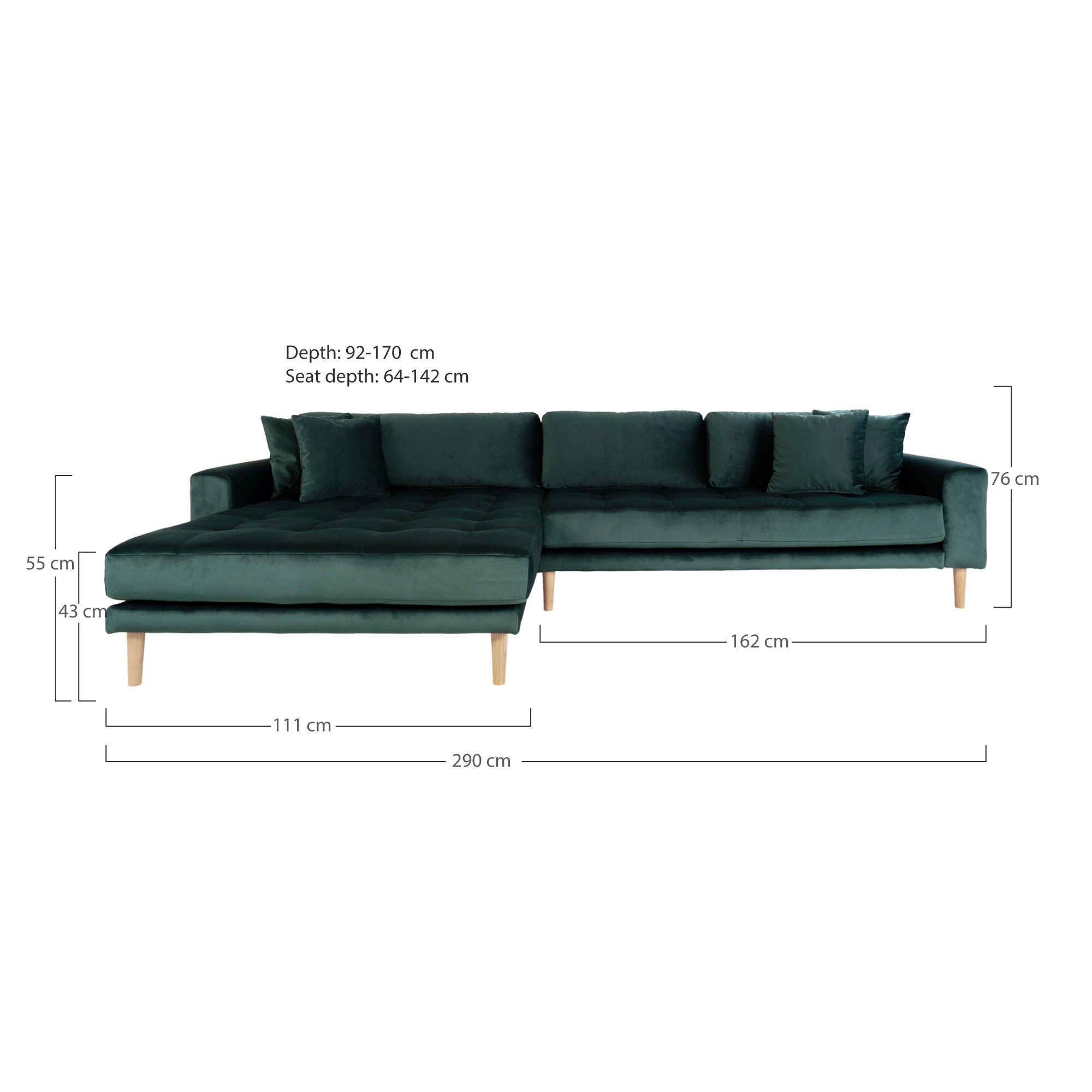 Lido – Loungesofa linksseitig, Samt, mit 4 Kissen, 290×170/92×76 cm